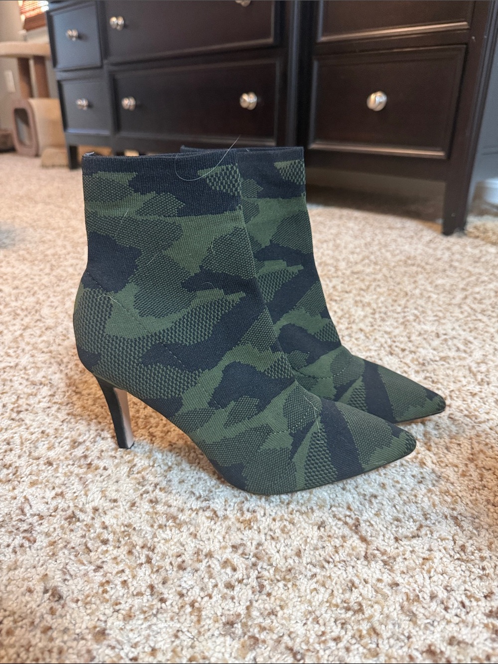 MIA Green and Black Camouflage Knit Ankle Booties